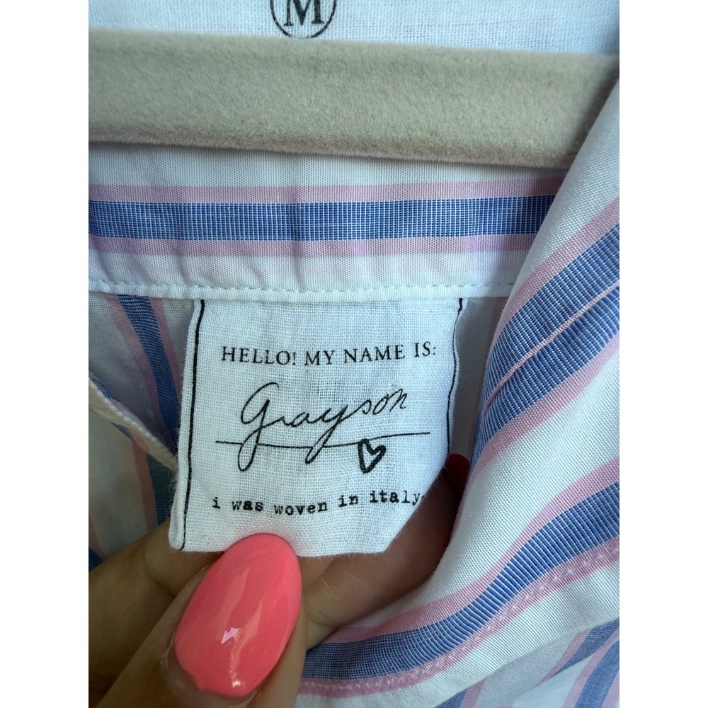 Frank & Eileen Grayson Blue Pink Striped Italian Cotton Button Shirt Size Medium - Picture 4 of 6
